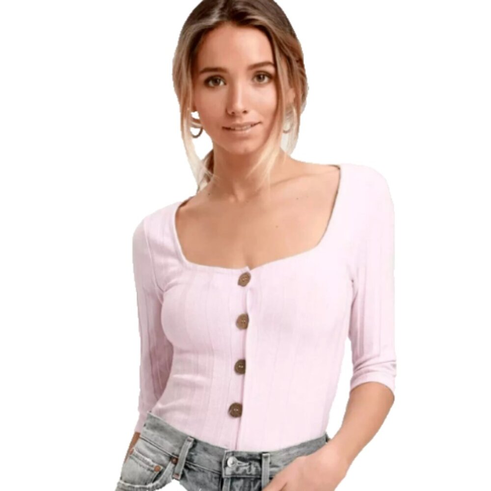 Free People Women's Large Central Park Fitted Top Pink‎ Stretch Ribbed NWOT